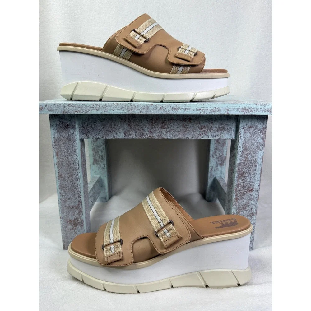 Sorel Womens Joanie‎ III Wedge Slide Sandal Brown / Tan Leather Size 9.5